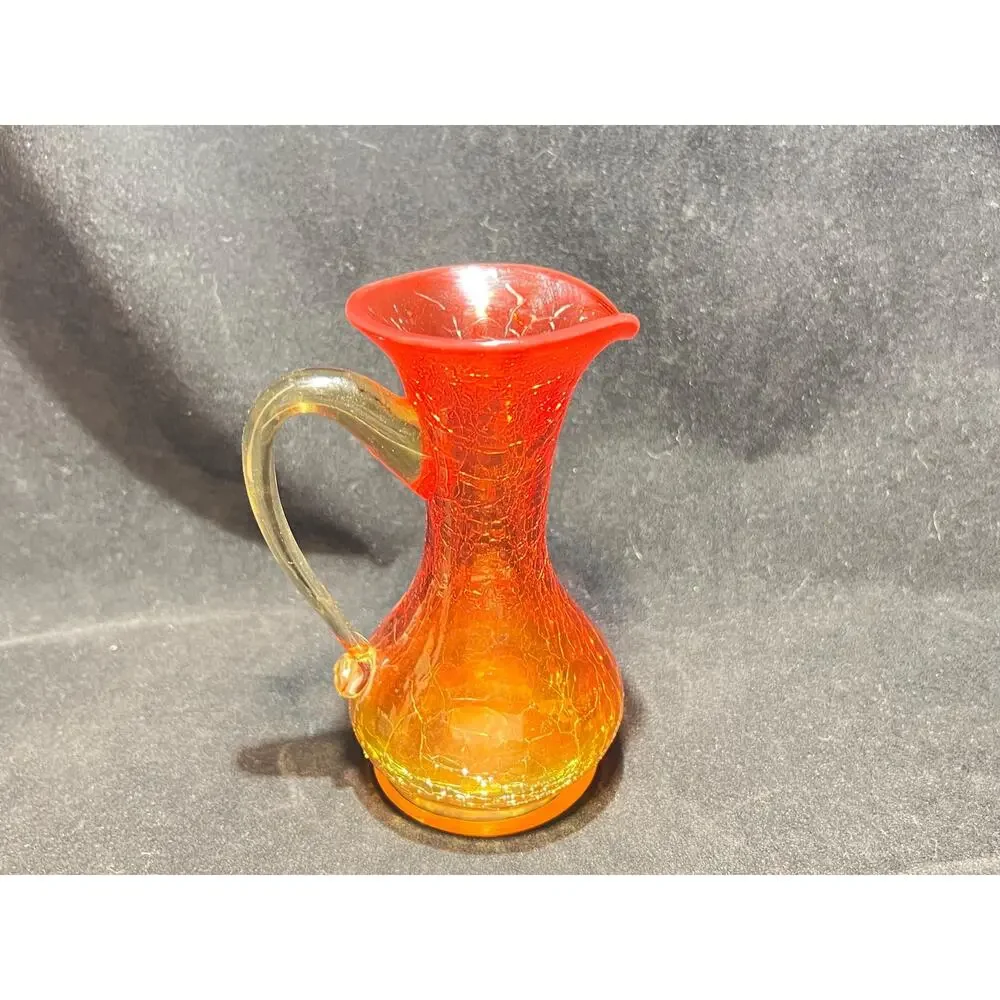 Hand Blown Glass Creamer Pitcher, Orange Fade, Crackle Glass